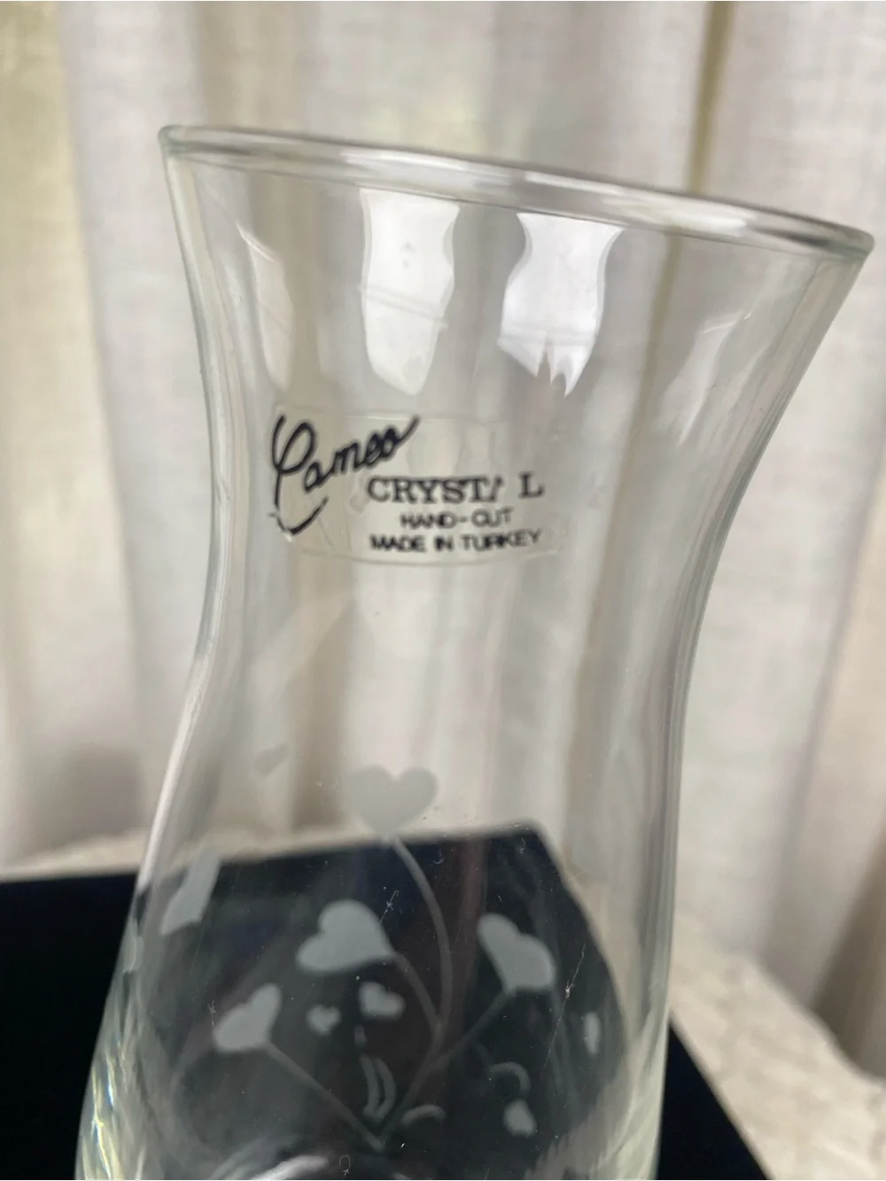 Vintage 90s Cameo Crystal Hand Cut Etched Hearts Bud Vase - Made in Turkey